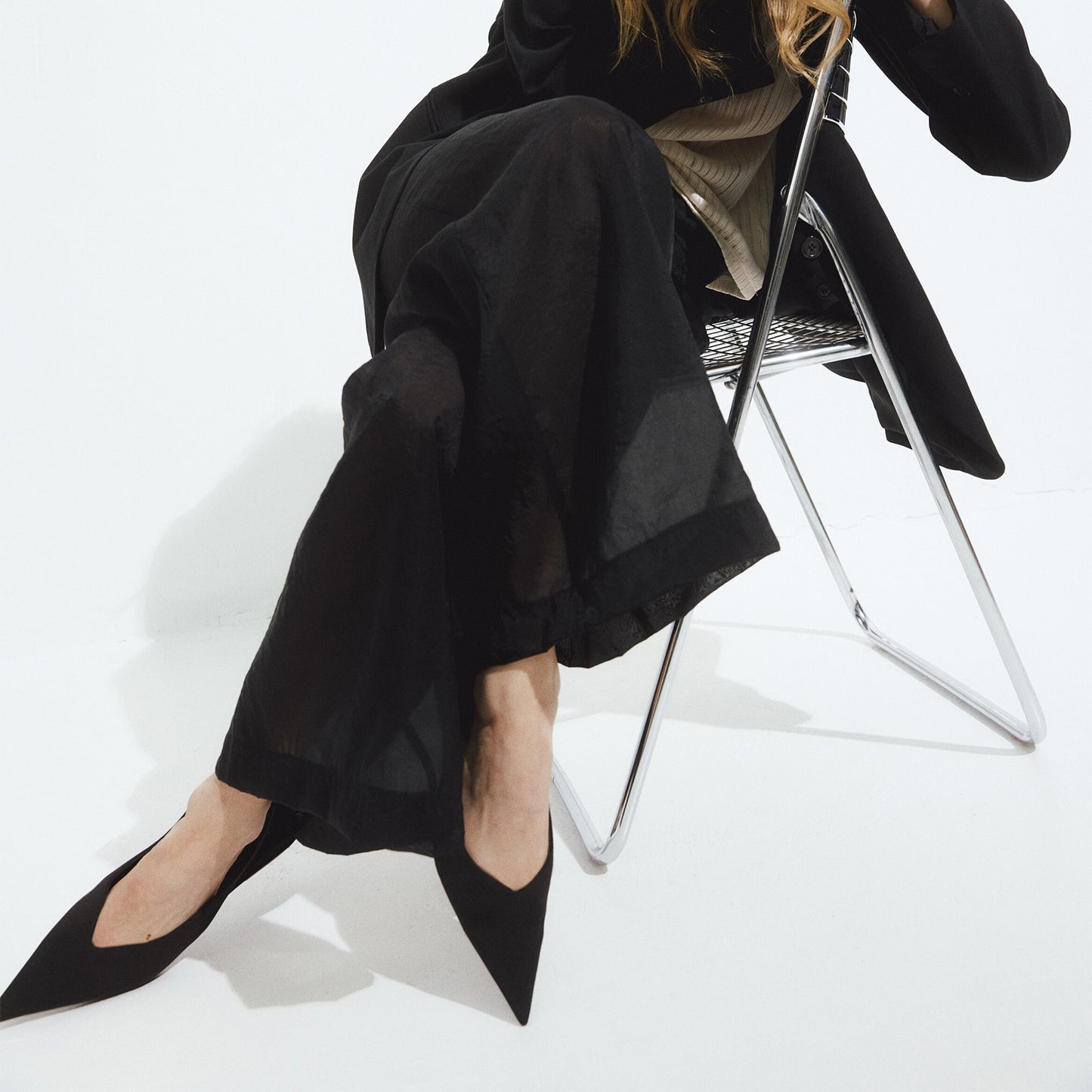 Black Satin Pointed-Toe Slingback Flats