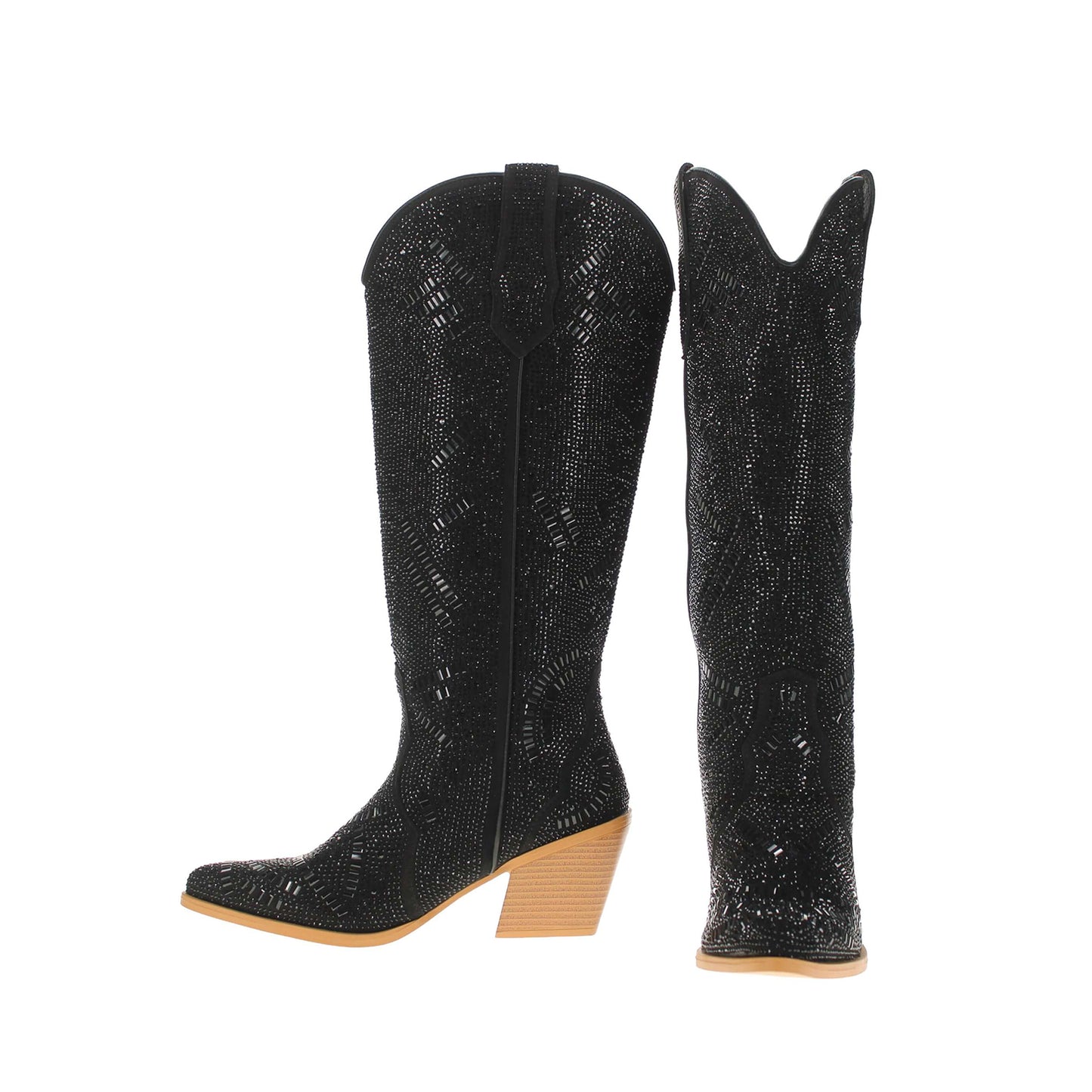 Black Faux Suede Pointed-Toe Full Crystals Wide Calf Knee High Cowgirl Boots