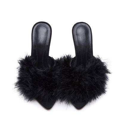 Black Pointed-Toe Front Plush Slip-On High Heels