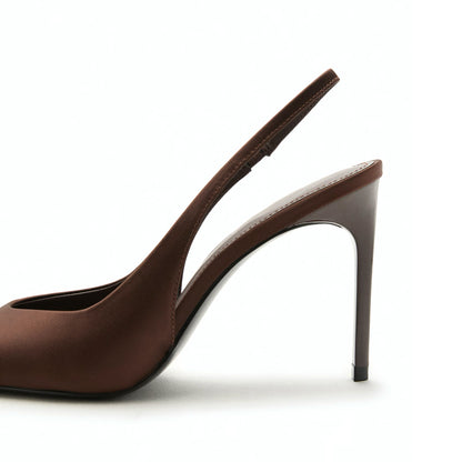 Chocolate Satin Pointed-Toe Slip-On Slingback High Heels