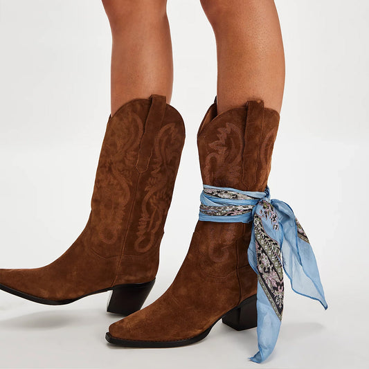 Brown Faux Suede Snip-Toe Classic Embroidery Mid Calf Cowgirl Boots