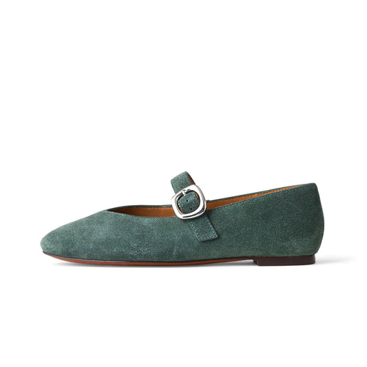 Architect Green Faux Suede Round-Toe Buckle Bridge Strap Slip-On Flats