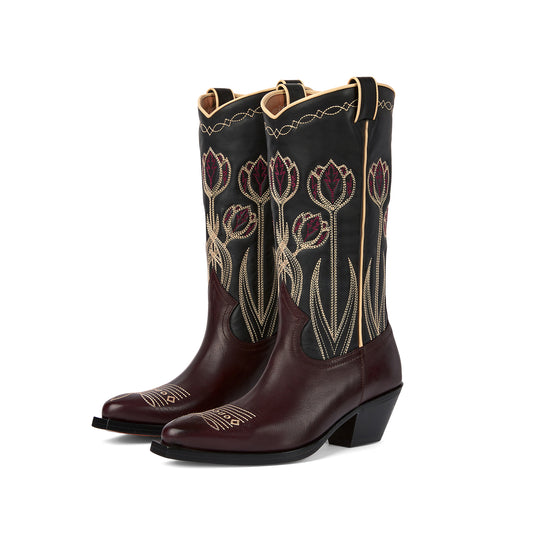 Black Snip-Toe Tulips Embroidery Mid Calf Cowgirl Boots