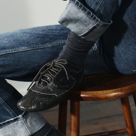 Distressed Black Square-Toe Classic Lace-Up Flats