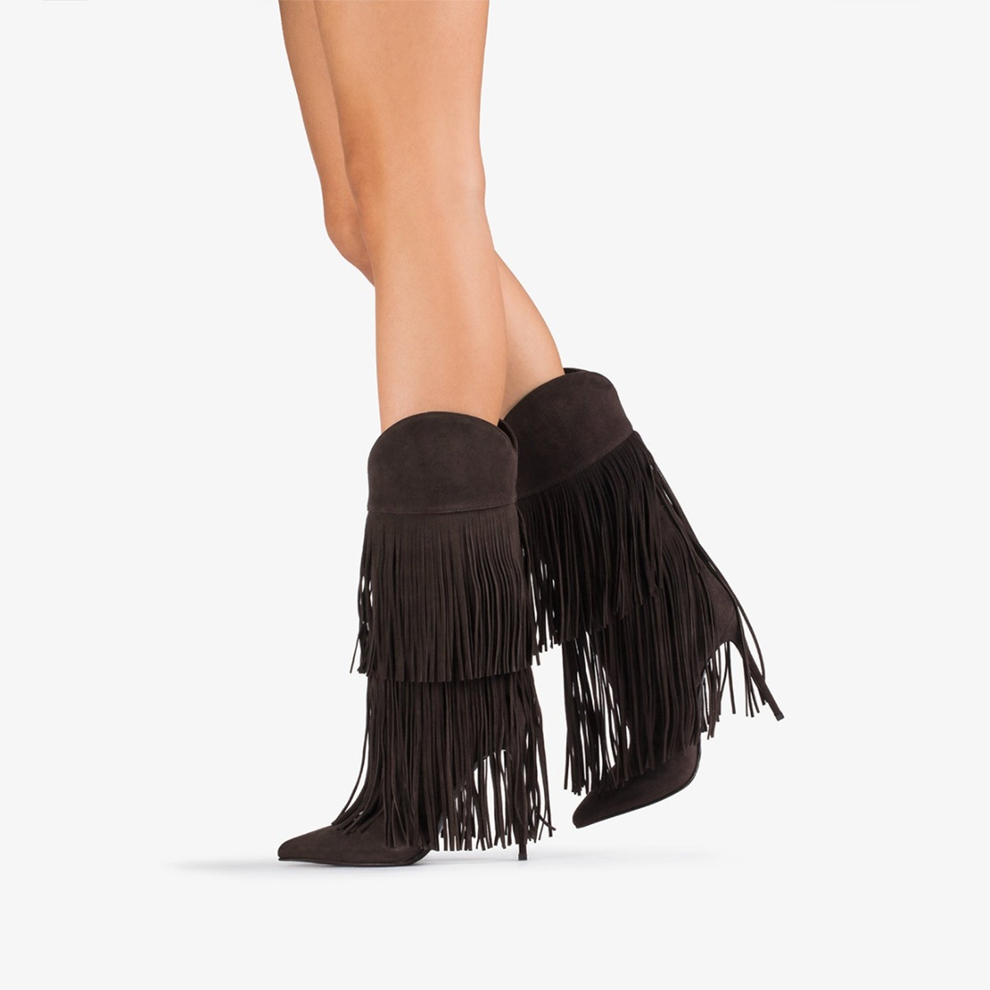 Brown Faux Suede Pointed-Toe Shaft Fringe Mid Calf Stiletto Boots