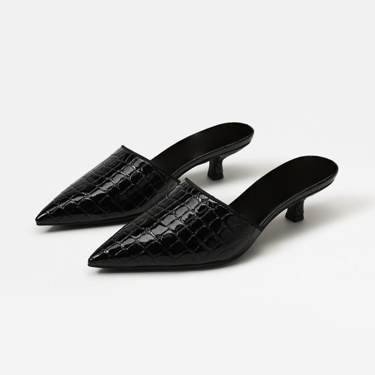 Black Stone Pattern Vegan Leather Pointed-Toe Backless Chic Kitten Heels