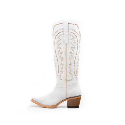 White Snip-Toe Thread Stitching Half-Zip Knee High Cowgirl Boots
