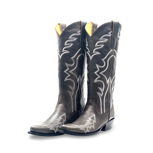 Dark Gray Snip-Toe Western Embroidery Chic Mid Calf Cowgirl Boots