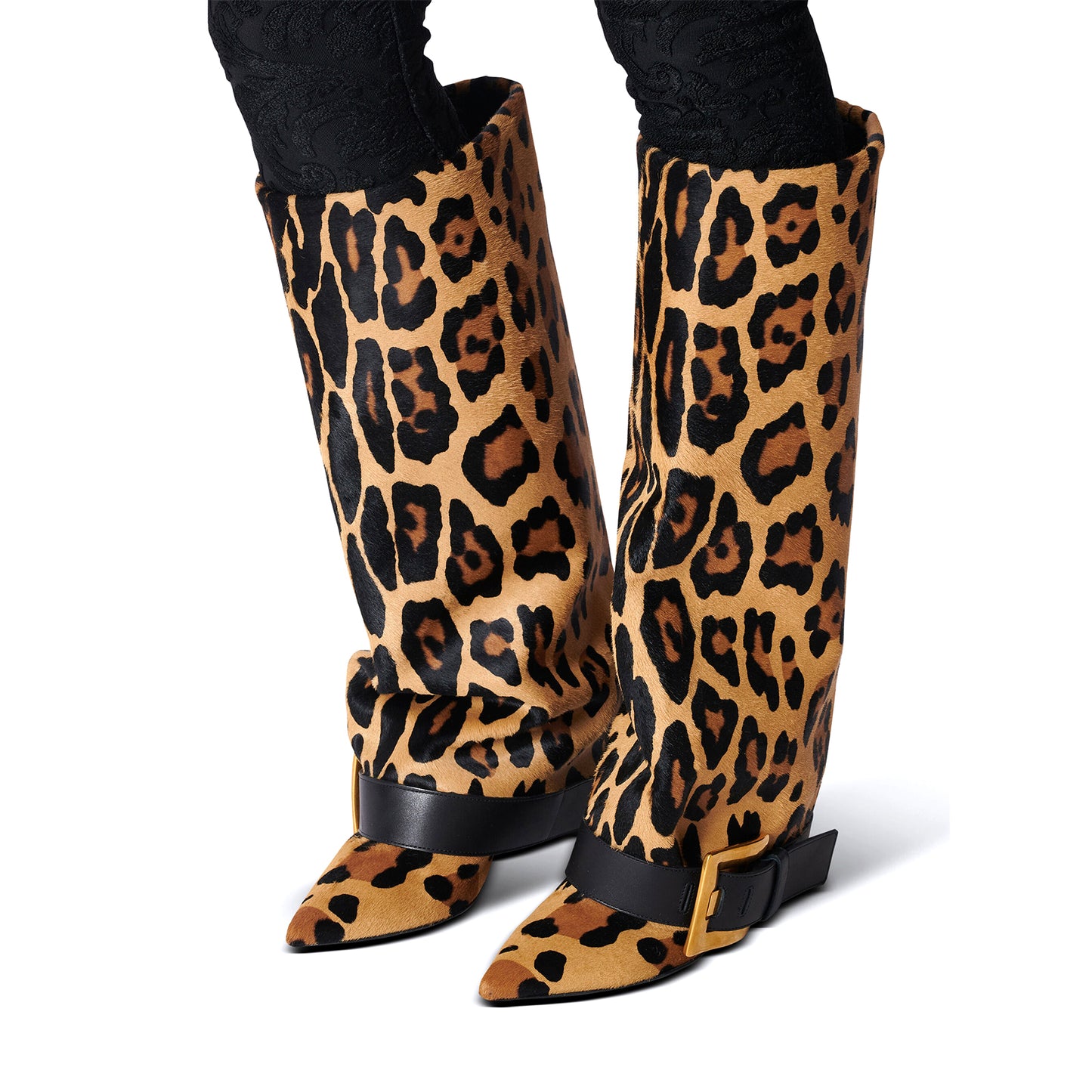 Leopard Pointed-Toe Bottom Buckle Fold-Over Wide Calf Knee High Stiletto Boots