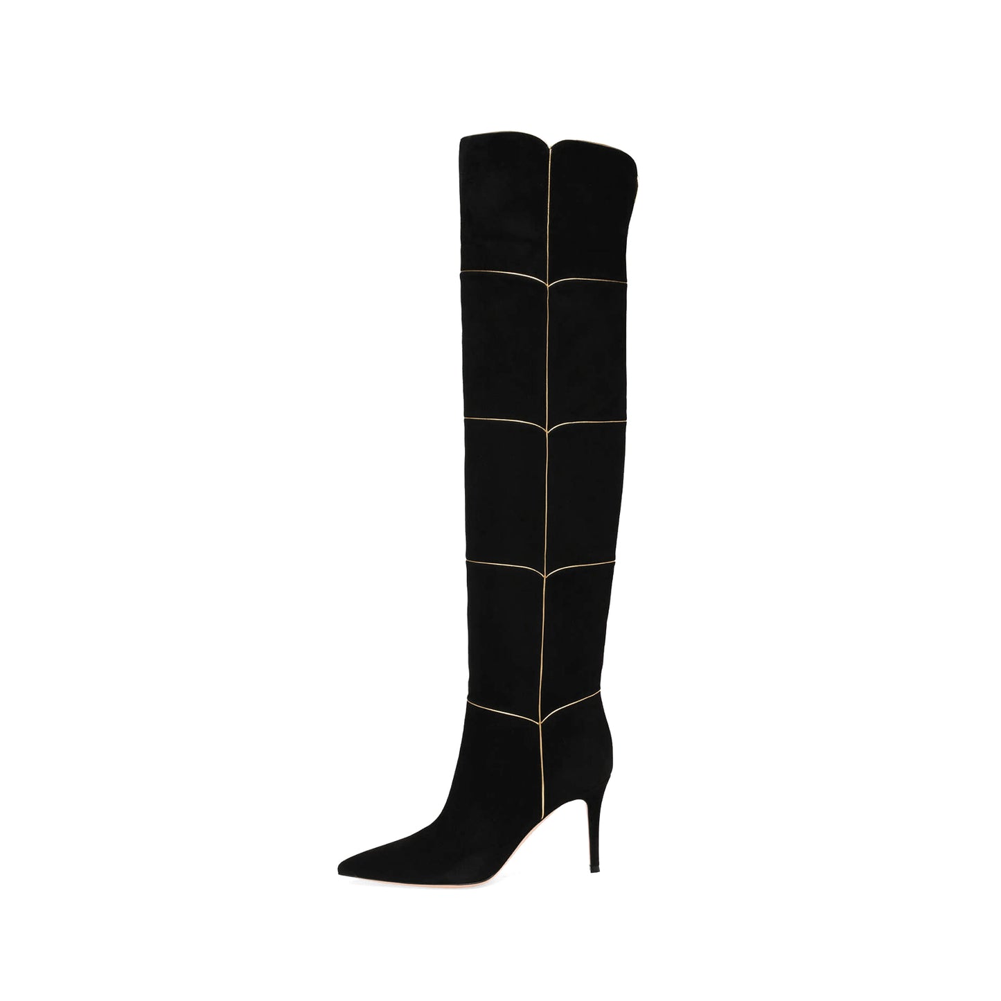Black Faux Suede Pointed-Toe Wide Calf Metallic Gold Piping Over-The-Knee Stiletto Boots