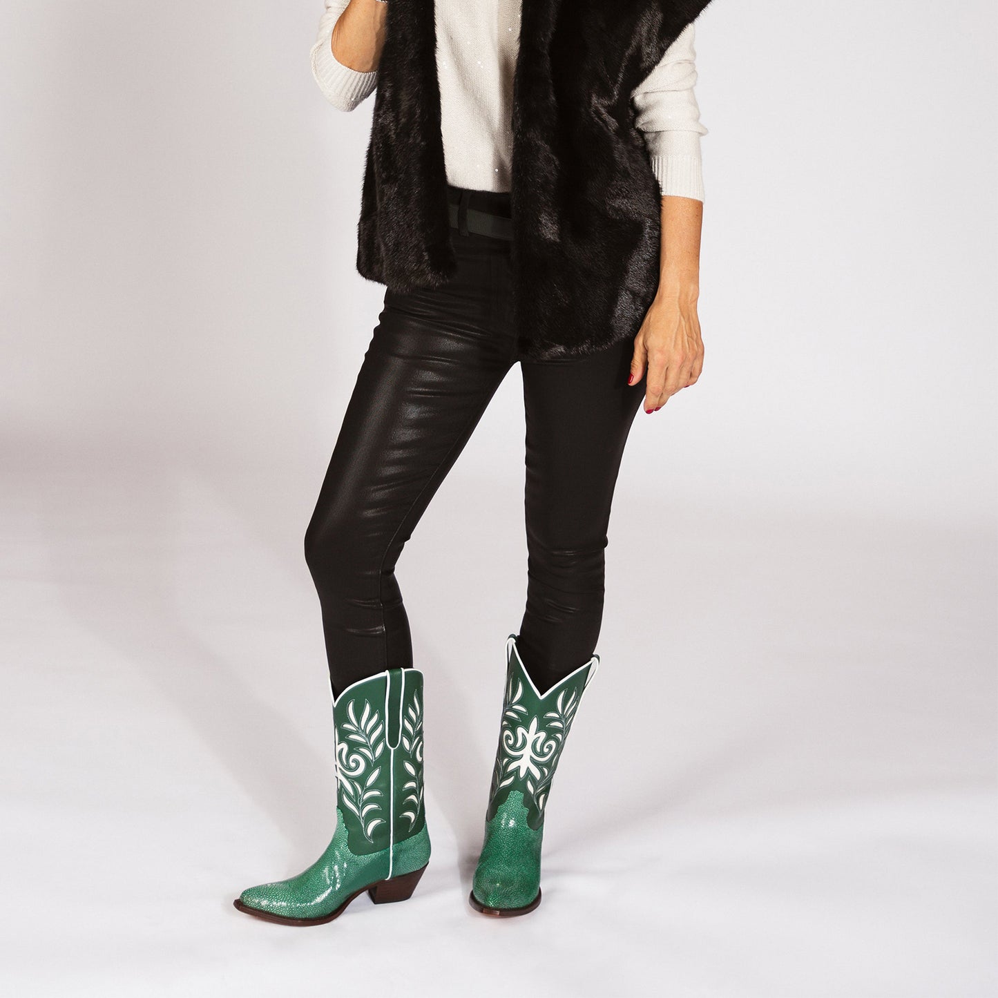 Contrast Green And Green Lizard Print Pointed-Toe Inlays Mid Calf Cowgirl Boots