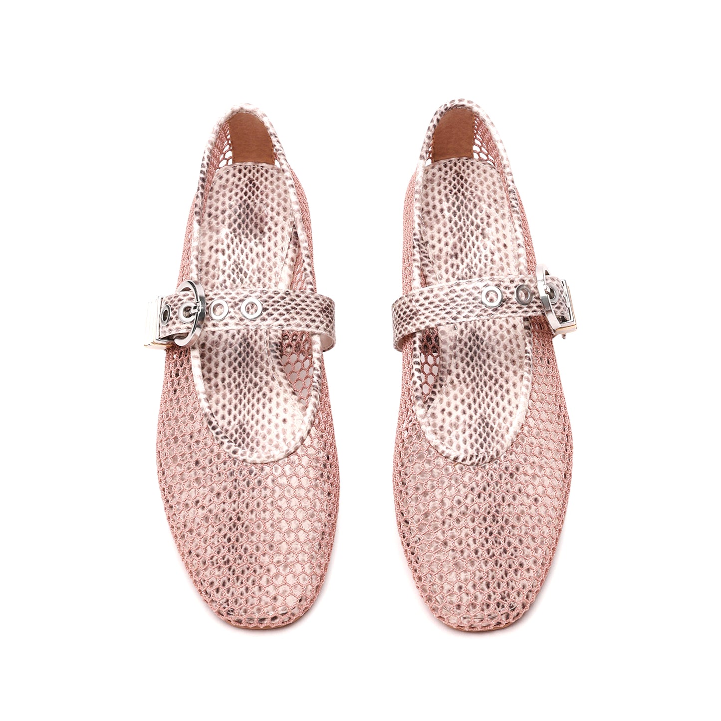 Blush Pink Mesh Round-Toe Snakeskin Print Bridge Strap Ballet Flats