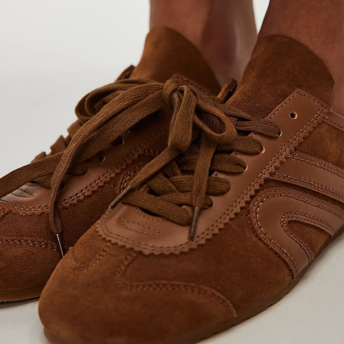 Tan Faux Suede Square-Toe Lace-Up Sneakers Flats