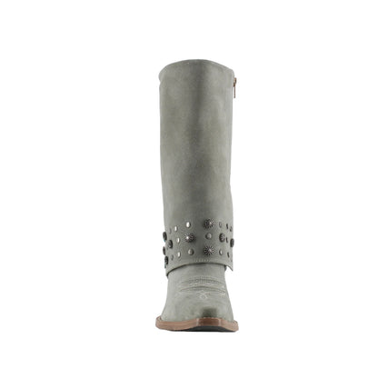 Gray Faux Suede Snip-Toe Studded Fold-Over Full-Zip Mid Calf Cowgirl Boots