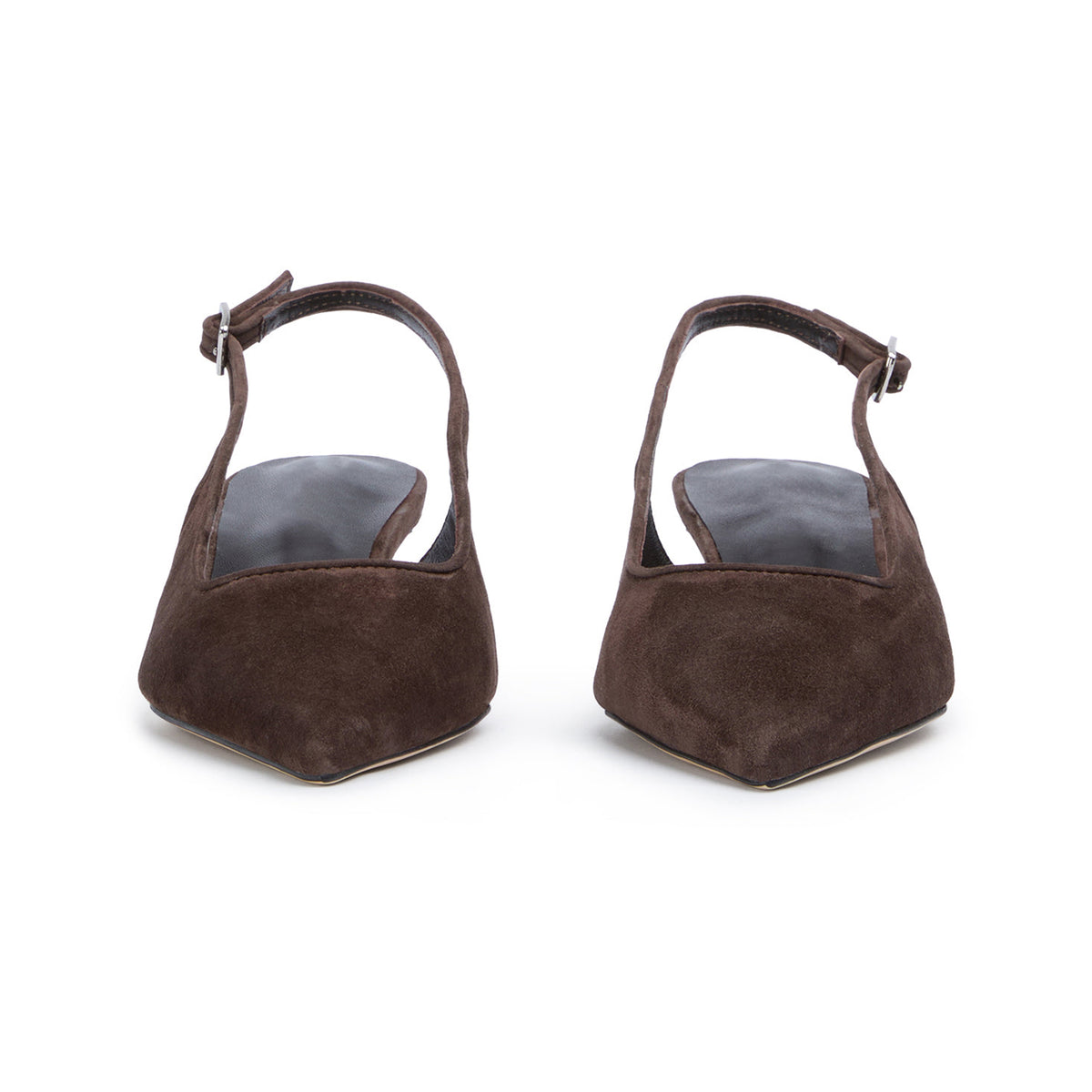 Chic Pointed-Toe Buckle Slingback Kitten Heels - Coffee Faux Suede