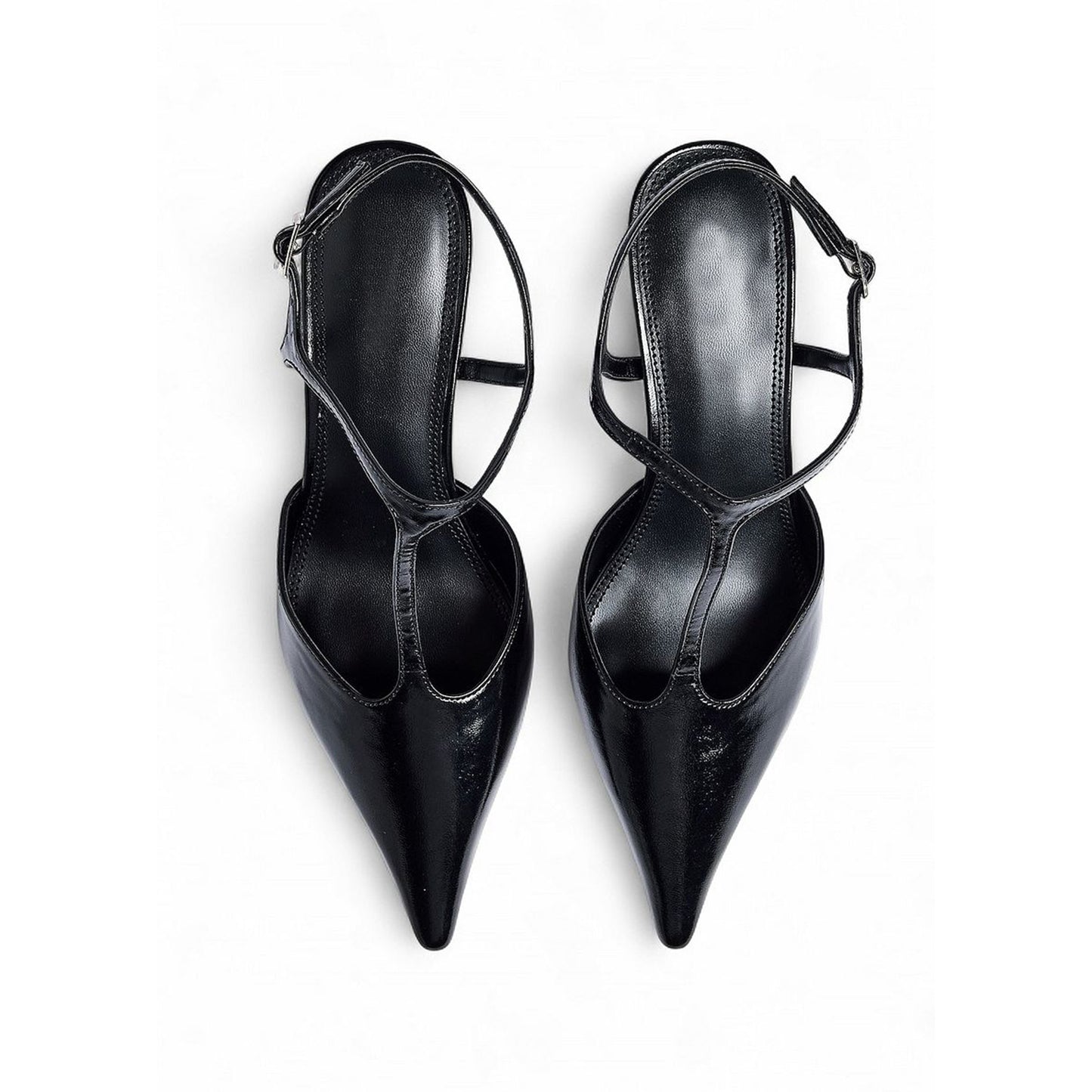 Black Pointed-Toe T-Strap Ankle Strap Kitten Heels Pumps