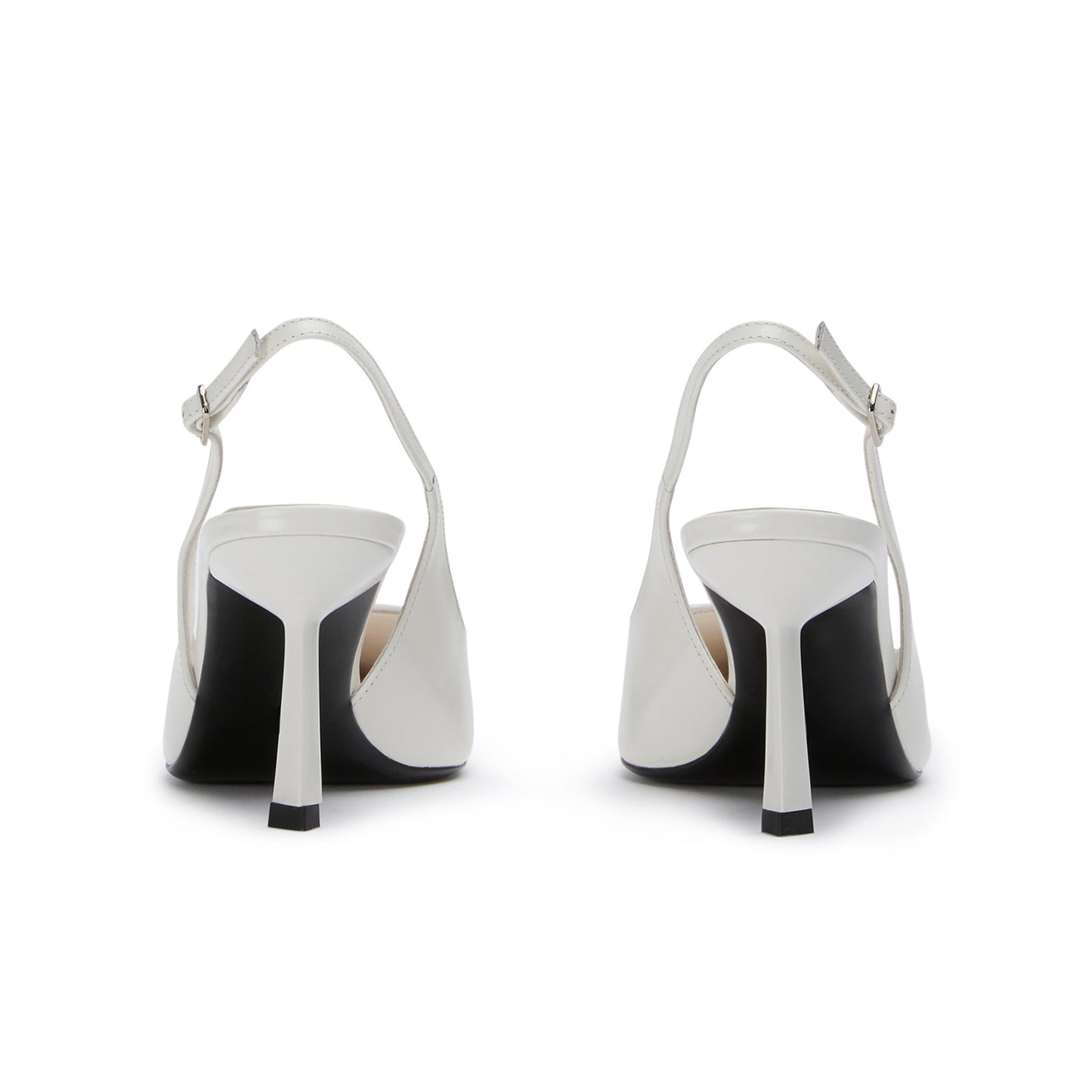 White Pointed-Toe Classic Buckle Slingback Kitten Heels