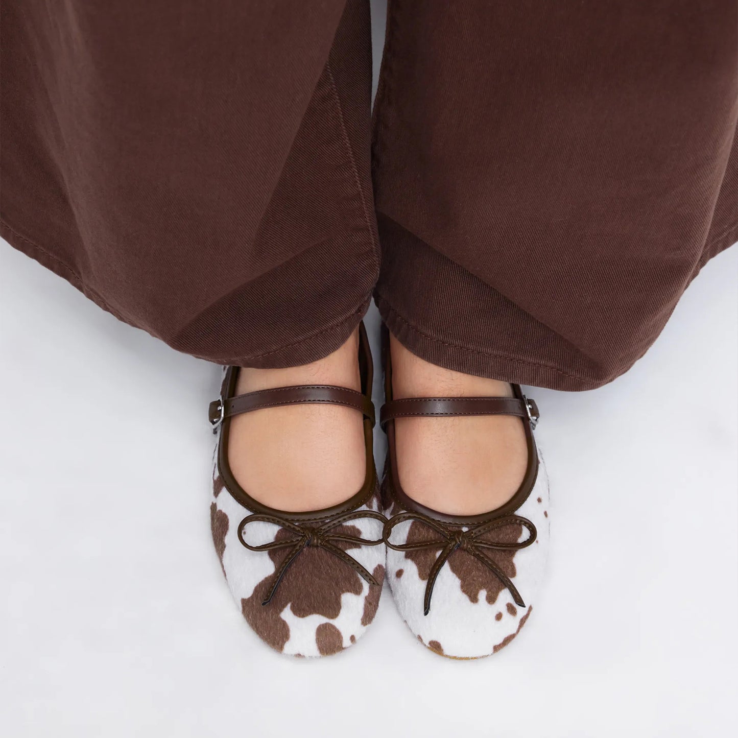 Cow Pattern Pony Hair Round-Toe Front Bow And Mary Jane Ballet Flats