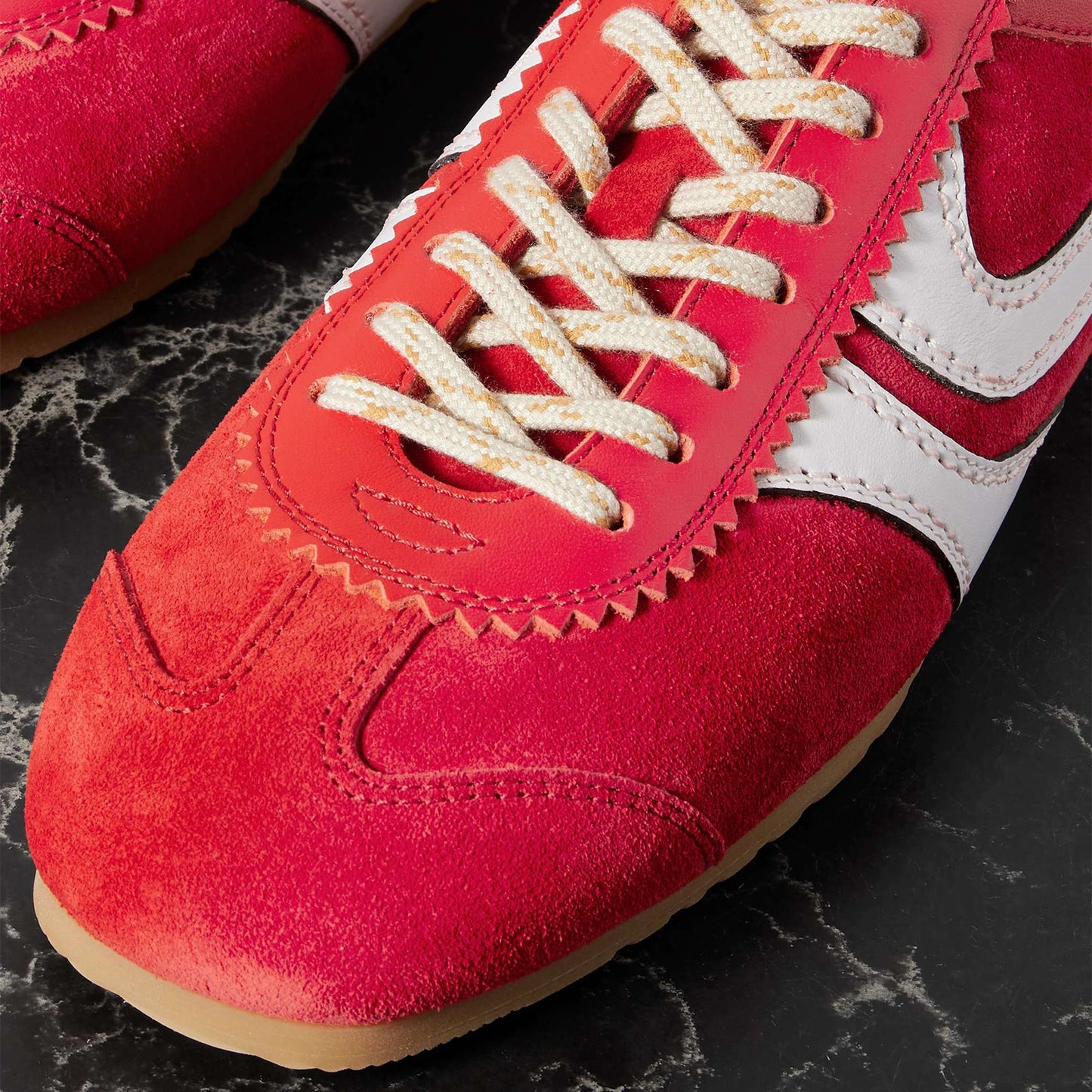 Red Contrast Faux Suede And Vegan Leather Square-Toe Lace-Up Sneakers Flats