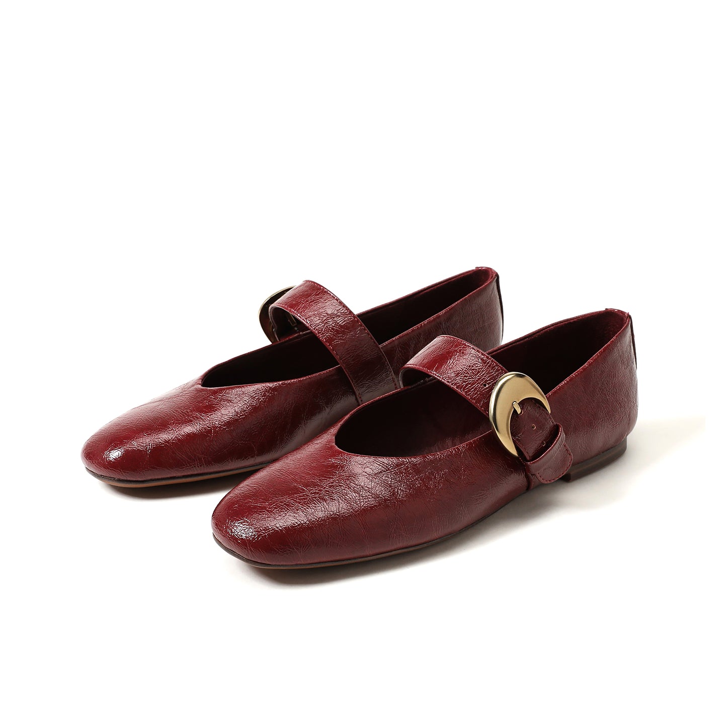Wine Red Vegan Leather Square-Toe Buckle Bridge Strap Ballet Flats