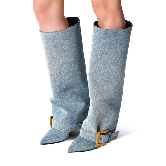 Blue Denim Pointed-Toe Bottom Buckle Fold-Over Wide Calf Knee High Stiletto Boots