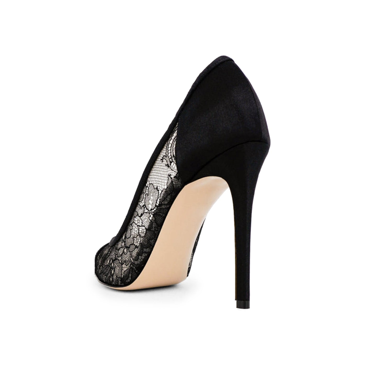 Black Lace Mesh And Satin Pointed-Toe Slip-On Classic High Heels