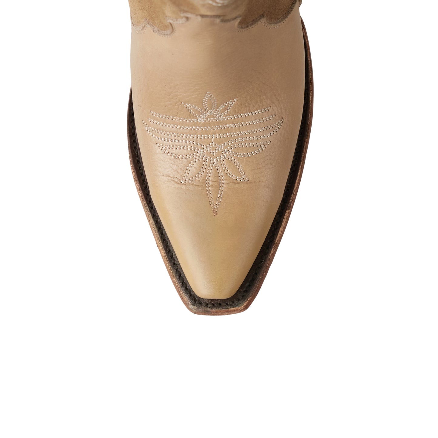 Sand Contrast Faux Suede And Vegan Leather Snip-Toe Floral Embroidery Half-Zip Knee High Cowgirl Boots