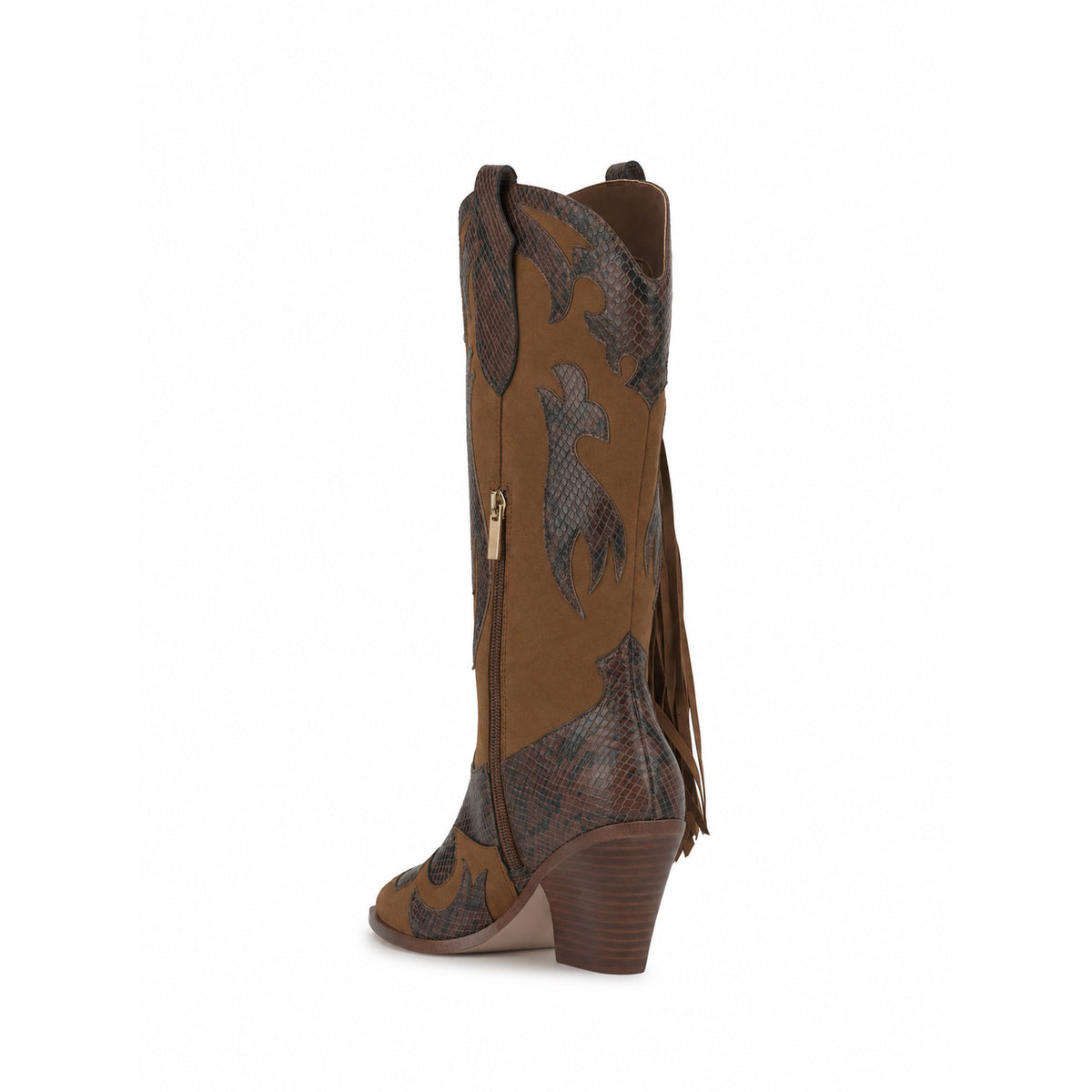 Brown And Snakeskin Pattern Almond-Toe Applique And Side Fringe Half-Zip Knee High Cowgirl Boots