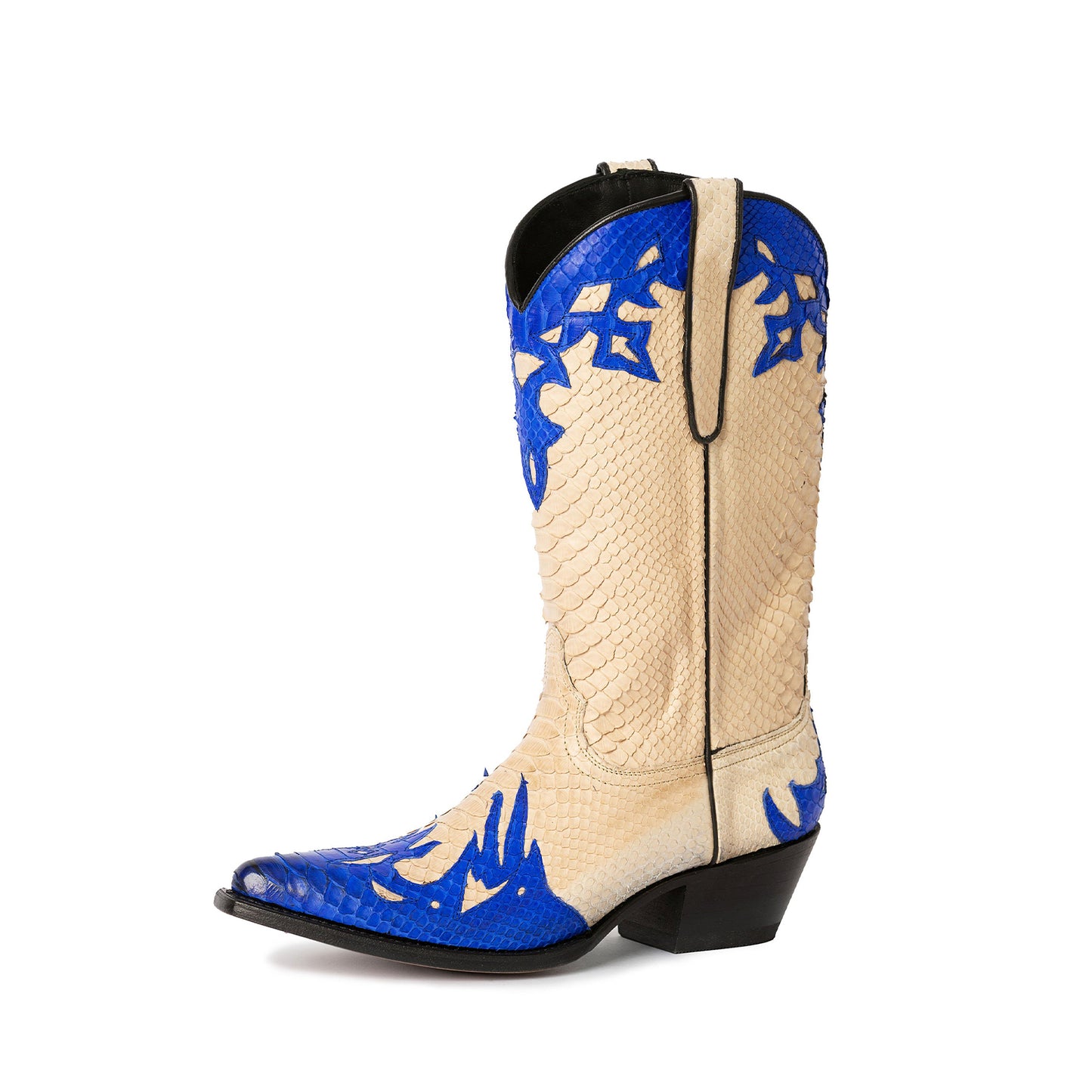 Contrast Cream And Blue Snakeskin Print Vegan Leather Snip-Toe Chic Mid Calf Cowgirl Boots