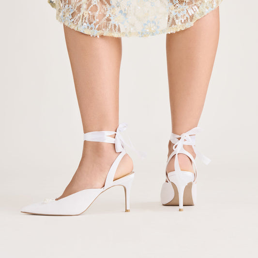 White Satin Pointed-Toe Pearl Front Bow Slingback Ankle Strap Kitten Heels