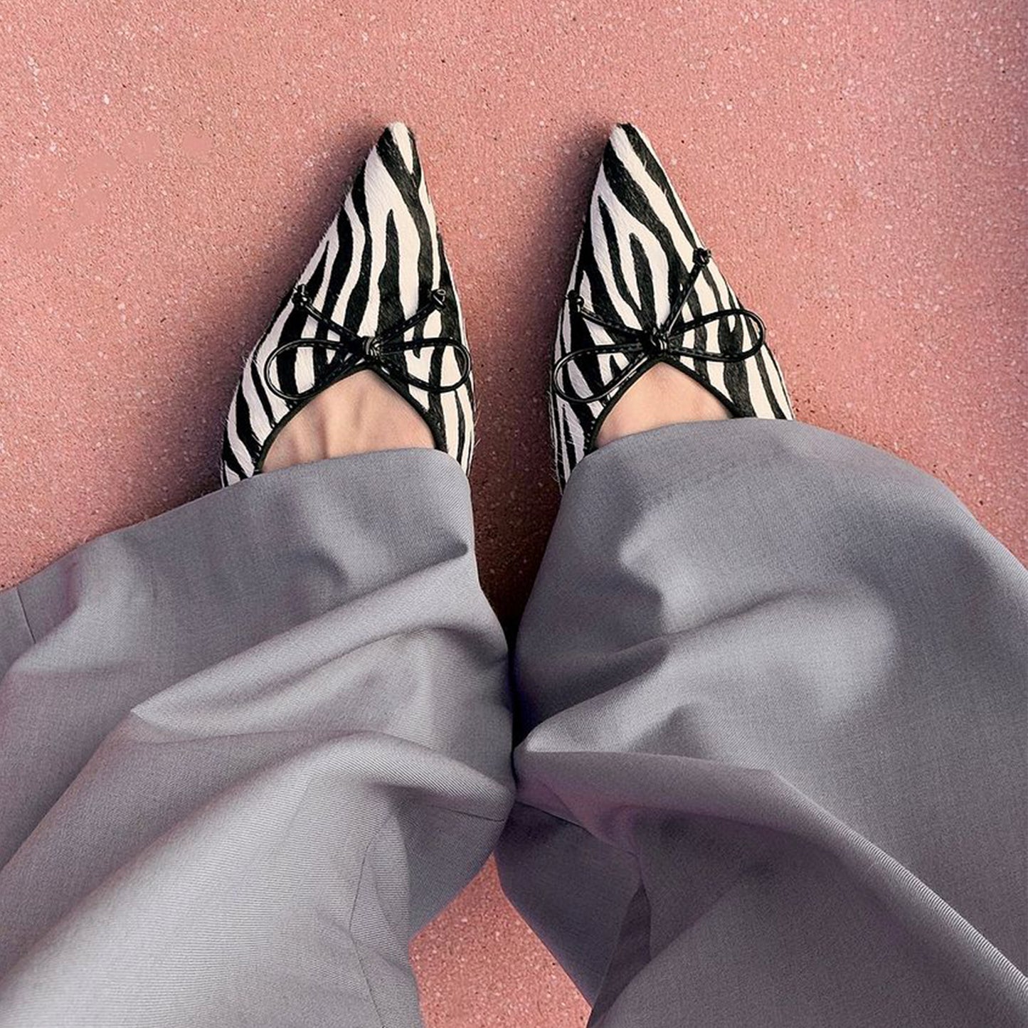 Zebra Print Pointed-Toe Front Bow Classic Slip-On Slingback Flats