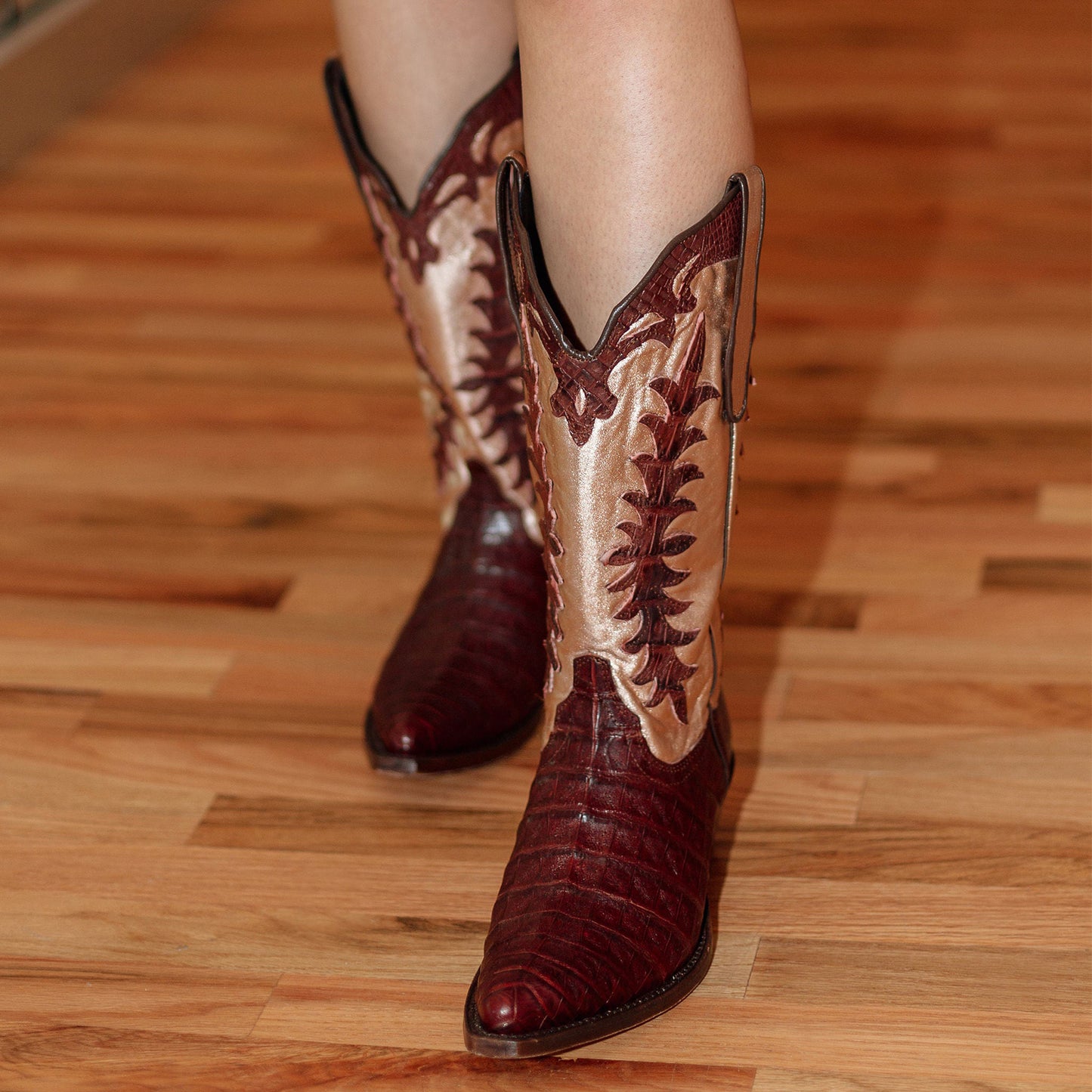 Contrast Brown Crocodile Print And Metallic Champagne Snip-Toe Appliques Mid Calf Cowgirl Boots