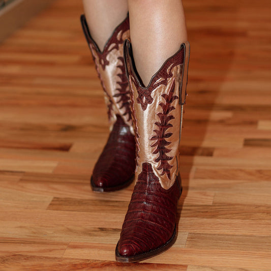 Contrast Brown Crocodile Print And Metallic Champagne Snip-Toe Appliques Mid Calf Cowgirl Boots