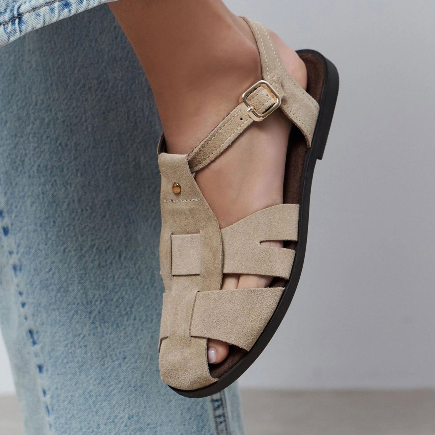 Beige Cow Suede Round-Toe Caged Detail Buckle Sandals Flats