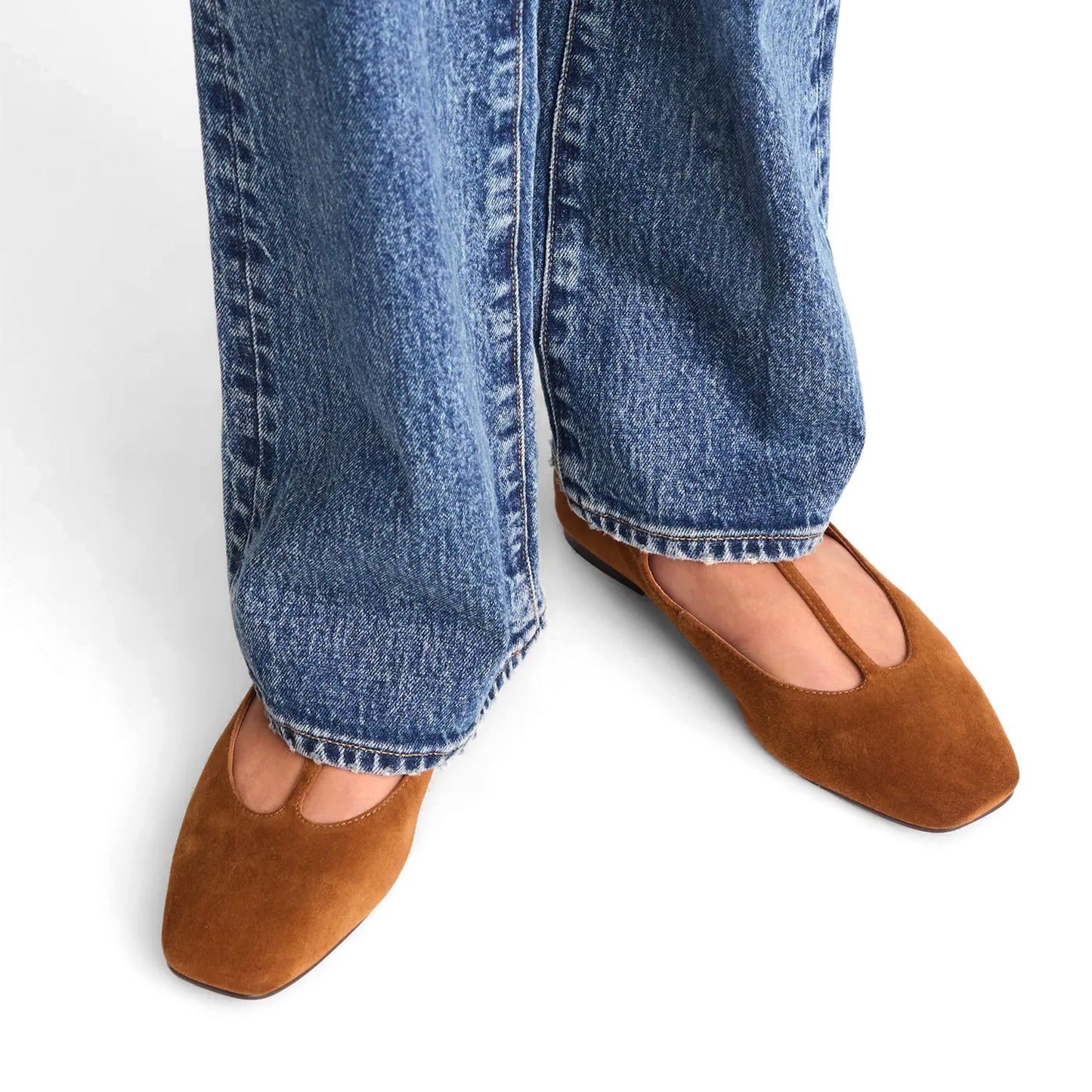 Rust Faux Suede Square-Toe Buckled T-Strap Ballet Flats