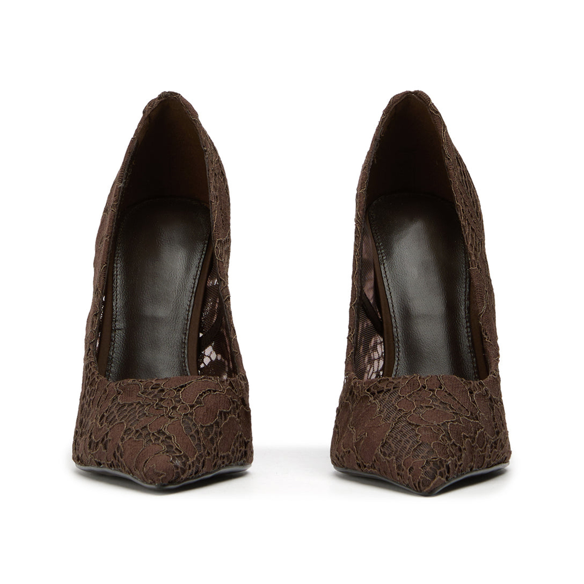 Chocolate Lace Mesh Pointed-Toe Slip-On High Heels Pumps