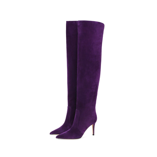 Purple Faux Suede Pointed-Toe Wide Calf Over-The-Knee Stiletto Boots