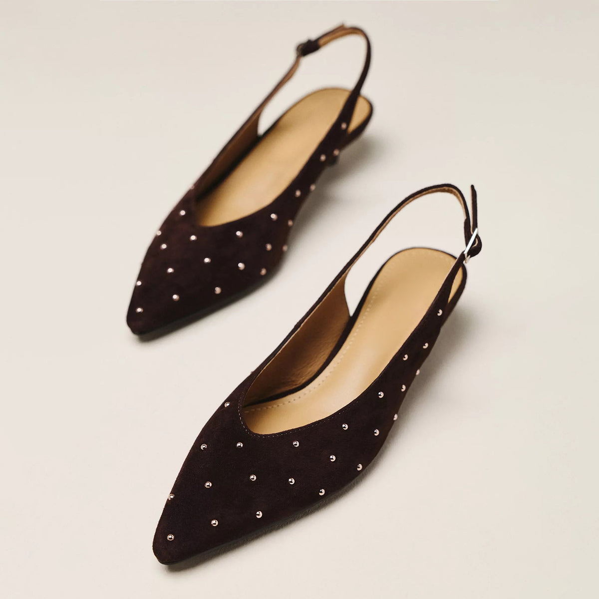 Chocolate Faux Suede Pointed-Toe Full Tiny Studs Back Strap Kitten Heels