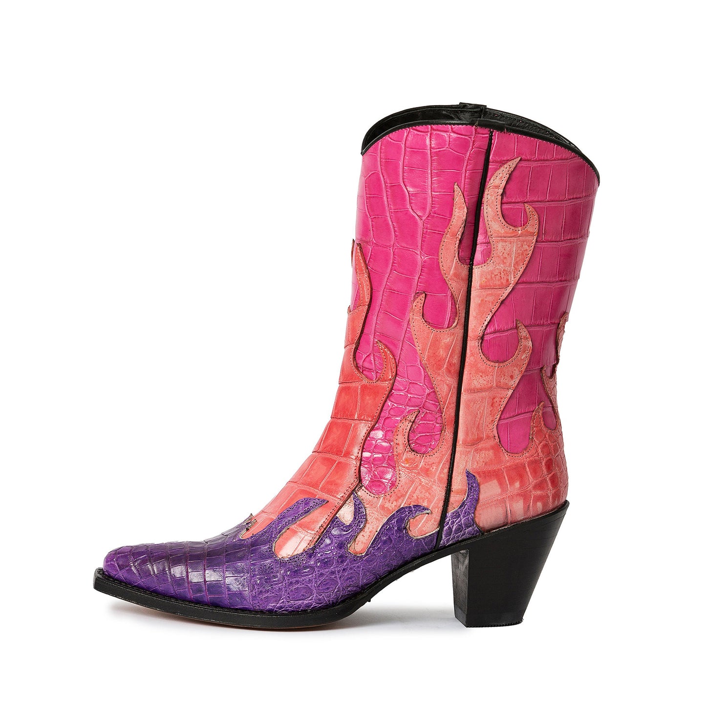 Contrast Tri-Colors Crocodile Print Pointed-Toe Flame Applique Ankle Cowgirl Boots