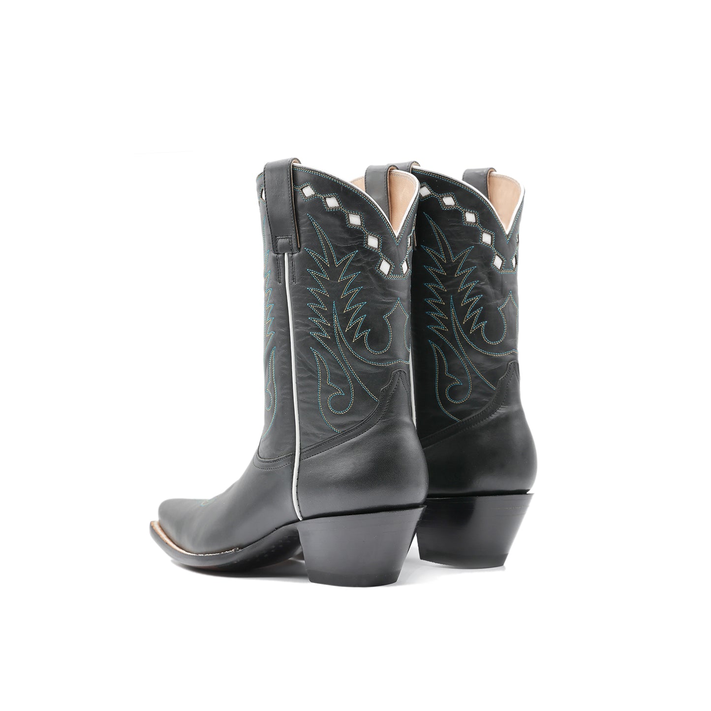 Black Snip-Toe Embroidery Classic Ankle Cowgirl Boots