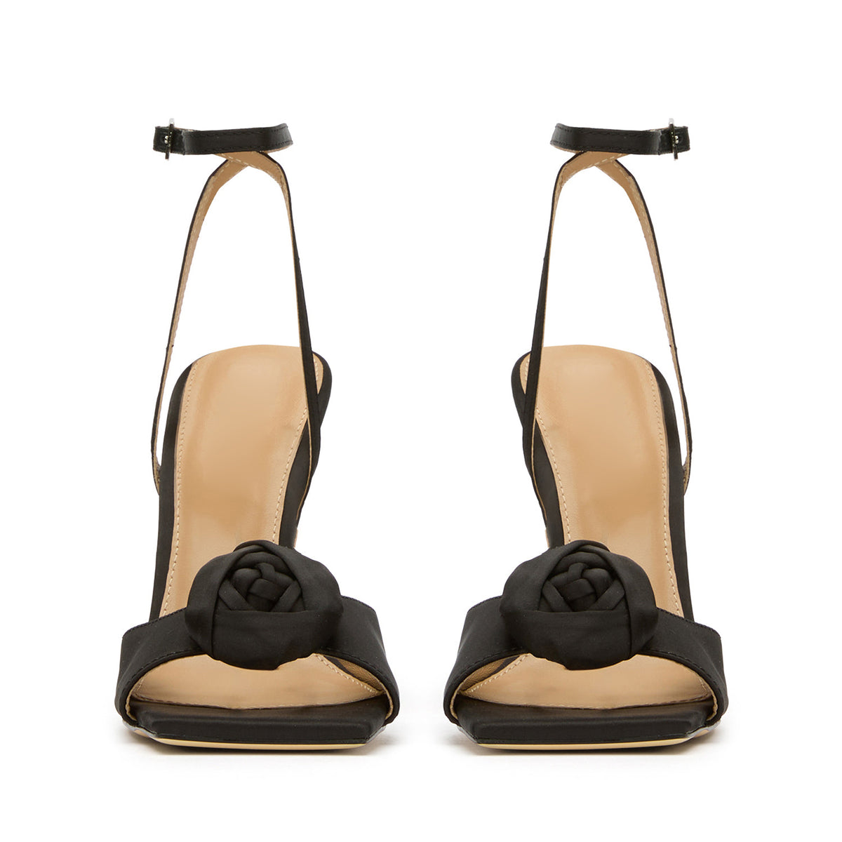 Black Satin Square-Toe Front Rose Ankle Strap High Heels