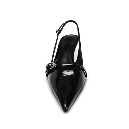 Patent Black Pointed-Toe Front Strap Slingback Kitten Heels