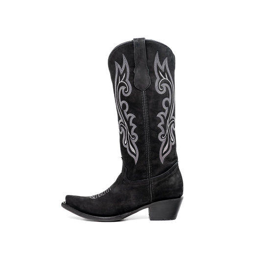 Black Faux Suede Snip-Toe Refined Embroidery Mid Calf Cowgirl Boots