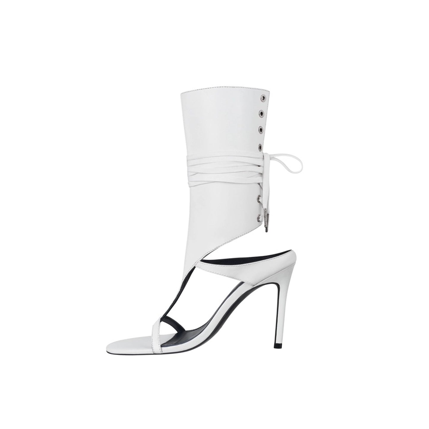 White Open Round-Toe Back Lace-Up Shaft Stiletto High Heels
