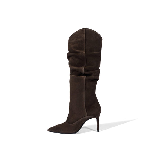Dark Brown Faux Suede Pointed-Toe Slouch Wide Calf Knee High Stiletto Boots
