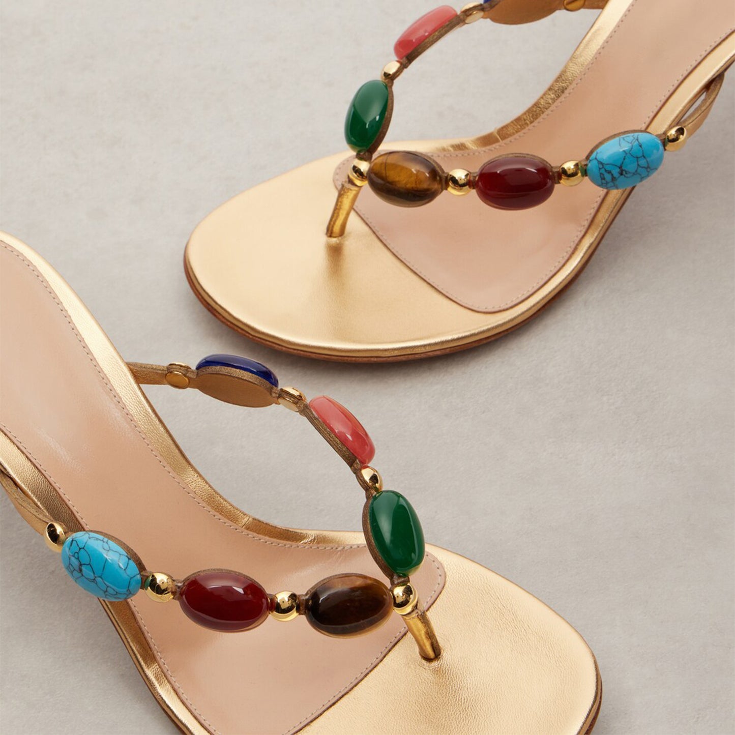 Metallic Gold Square-Toe Multicolored Cabochon Stones Herringbone High Heels