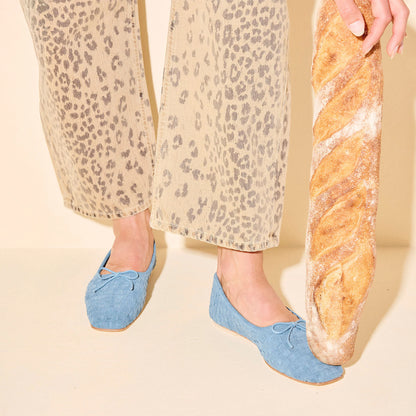 Blue Woven Faux Suede Square-Toe Front Bow Ballet Flats