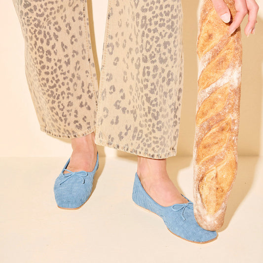 Blue Woven Faux Suede Square-Toe Front Bow Ballet Flats