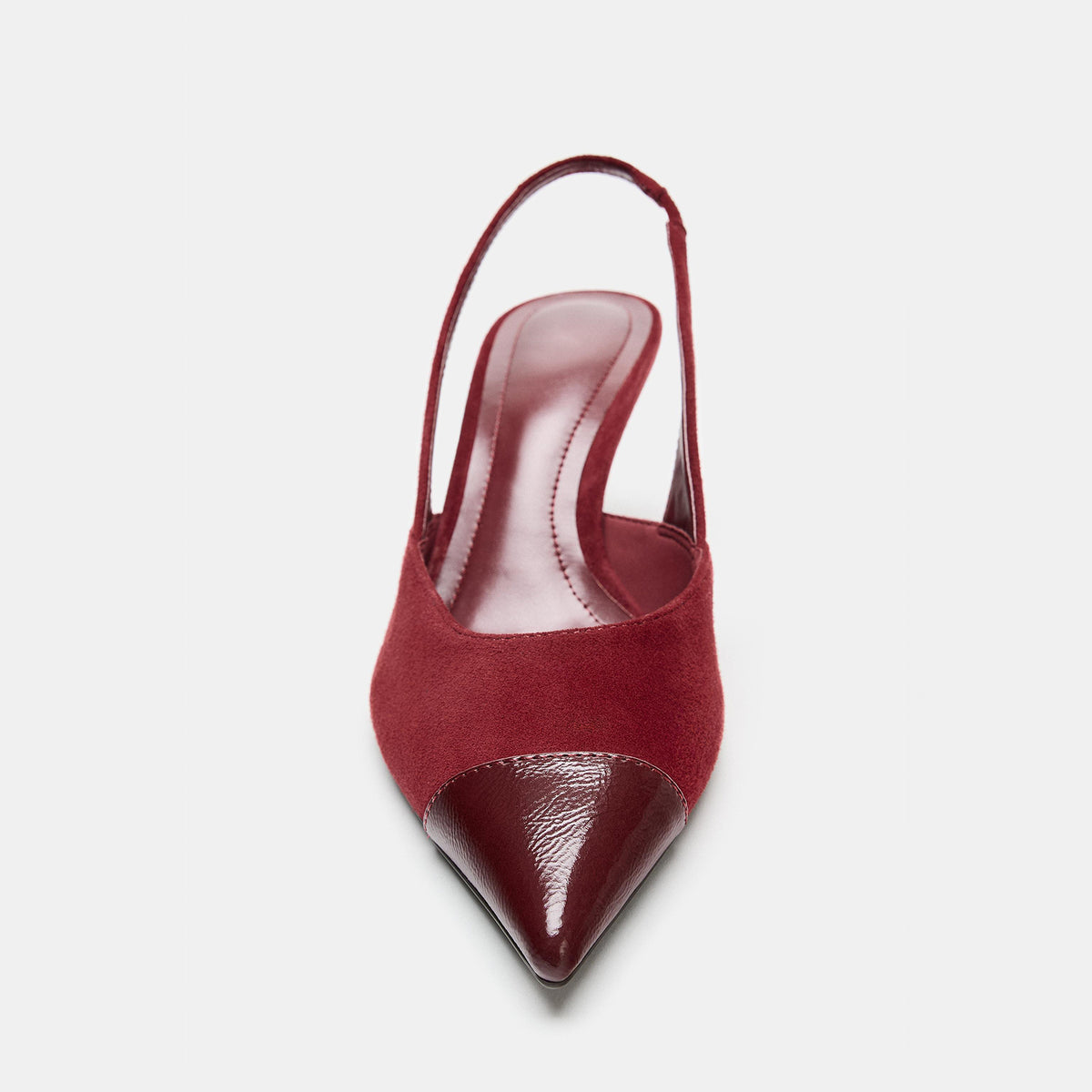 Burgundy Patent Leather And Faux Suede Pointed-Toe Slingback Kitten Heels