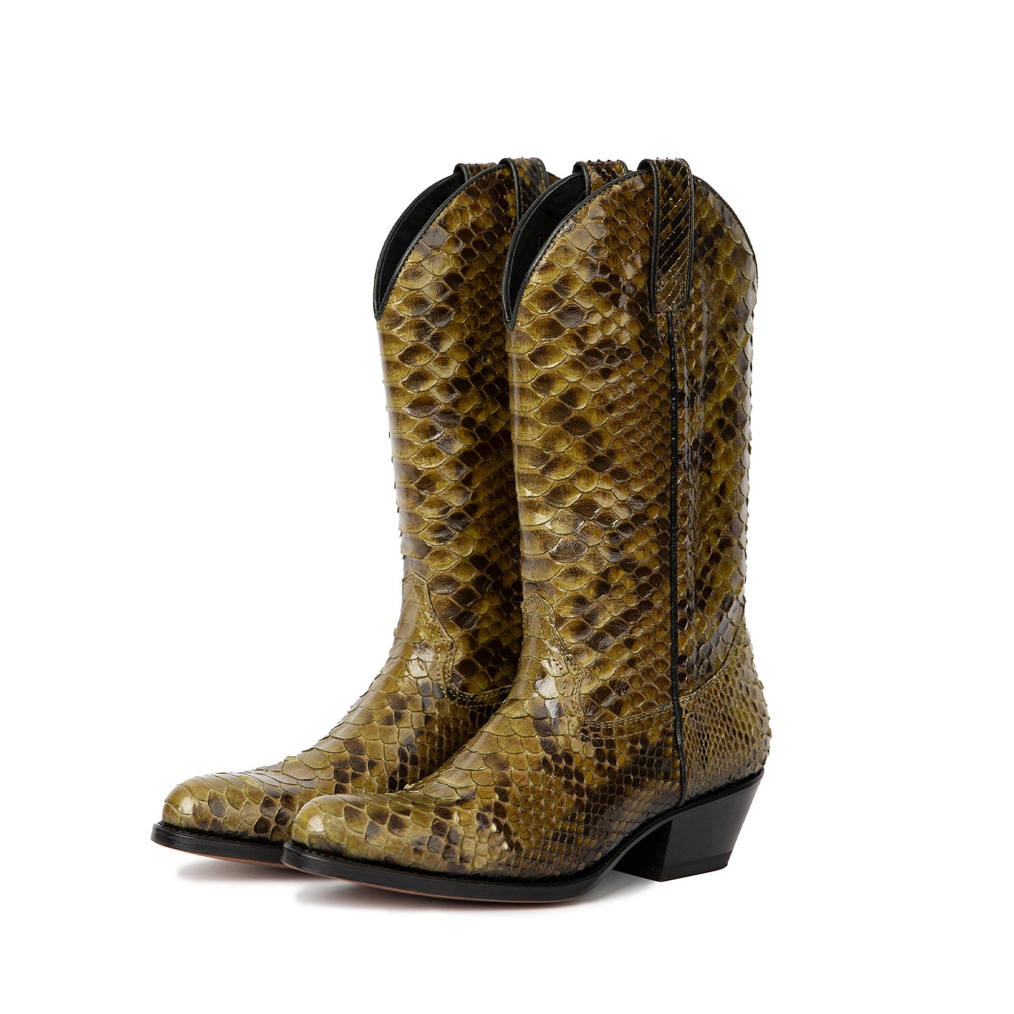 Brass Snakeskin Print Round-Toe Stars Inlays Mid Calf Cowgirl Boots